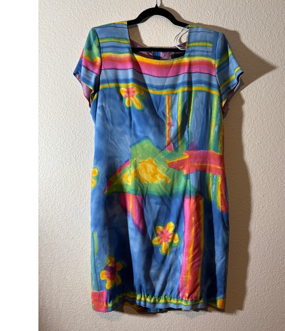 Vintage 80s/90s Positive Attitude Size 14 Petite Colorful Abstract Shift Dress